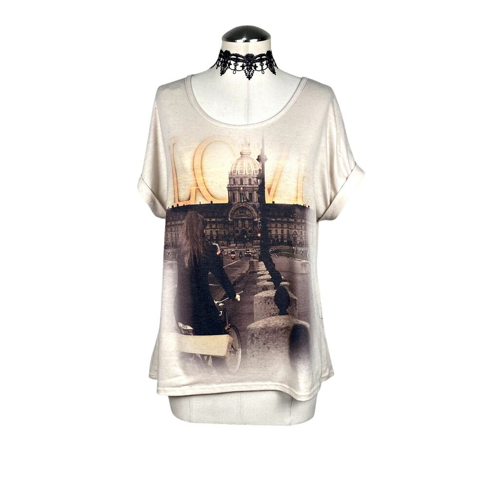 Vtg Y2K Euro Scene Grunge 'Love' Dolman Sleeve Flowy Women's Top Sz Petite M